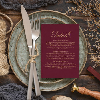 Elegant Simple Burgundy Gold Guest Info Details Enclosure Card by pinkpinetree at Zazzle