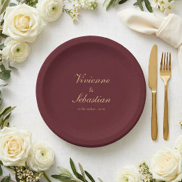 Elegant Simple Burgundy Script Minimalist Wedding Paper Plates