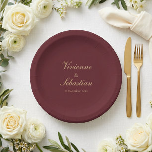 Elegant Simple Burgundy Script Minimalist Wedding Paper Plates