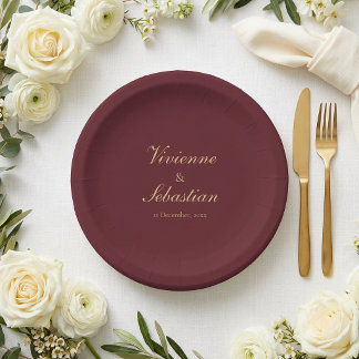 Elegant Simple Burgundy Script Minimalist Wedding Paper Plates