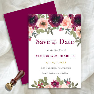 Elegant Simple Burgundy Watercolor Floral Wedding Save The Date