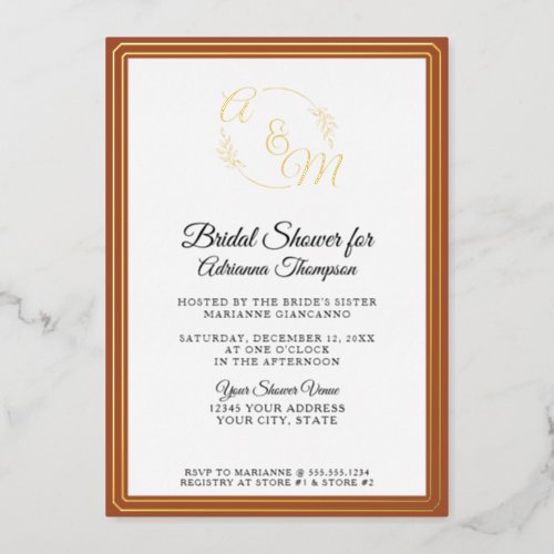 Elegant Simple Burnt Orange Gold Bridal Shower Foil Invitation