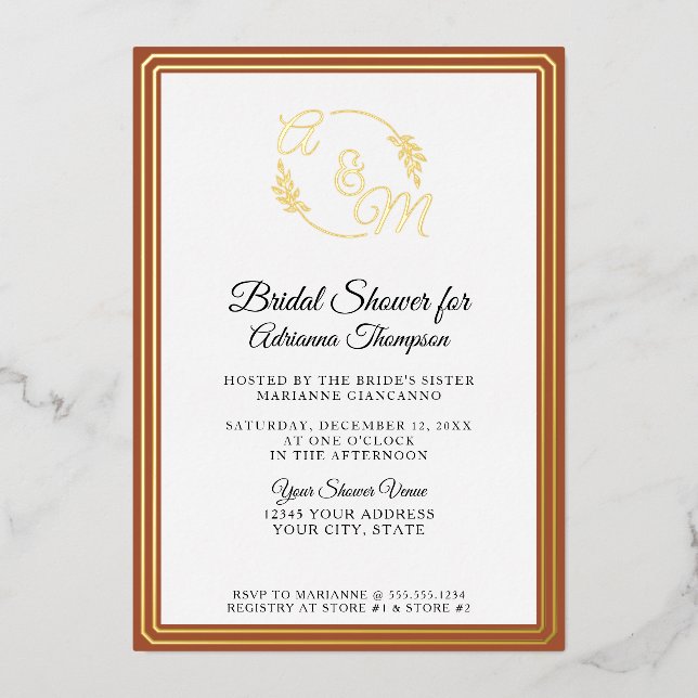 Elegant Simple Burnt Orange Gold Bridal Shower Foil Invitation (Front)
