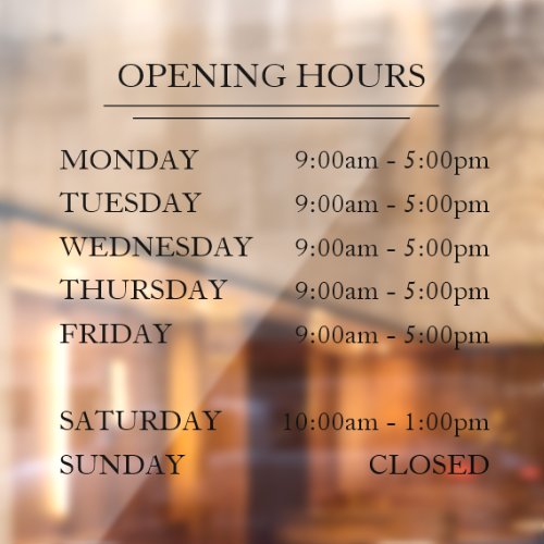 Elegant Simple Business Opening Hours Glass Window Cling