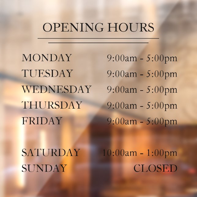 Elegant Simple Business Opening Hours Glass Window Cling (Sheet 2)