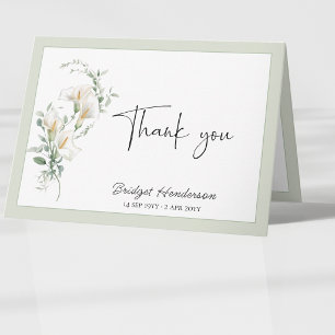 Elegant Simple Calla Lily Eucalyptus Sympathy Letterpress Thank You Card