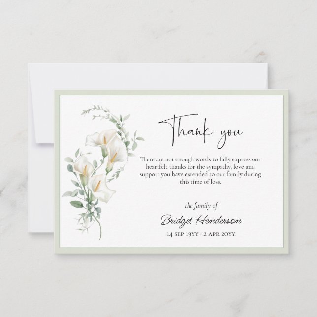 Elegant Simple Calla Lily Eucalyptus Sympathy Thank You Card (Front)