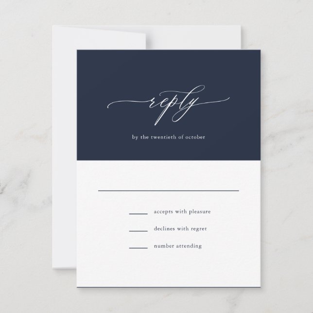 Elegant Simple Calligraphy Navy Blue Wedding RSVP Card (Front)