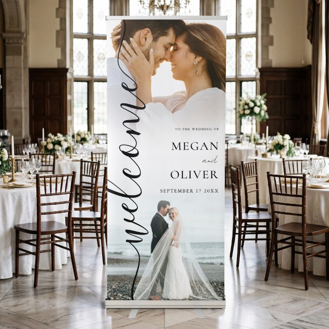 Elegant Simple Calligraphy Photo Wedding Welcome Retractable Banner (Creator Uploaded)