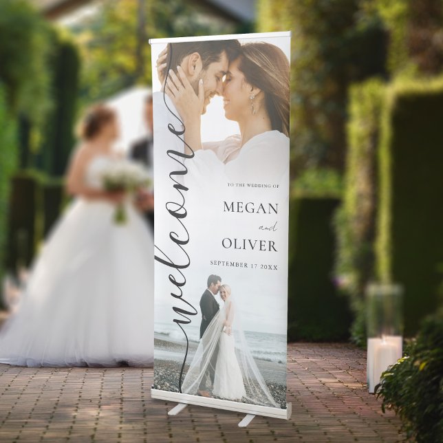 Elegant Simple Calligraphy Photo Wedding Welcome Retractable Banner (Creator Uploaded)