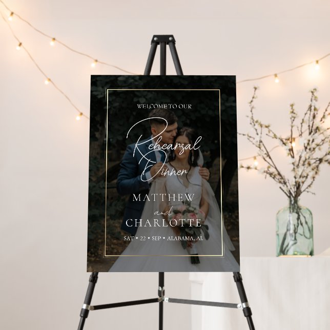 Elegant Simple Calligraphy Rehearsal Dinner Photo Foam Board (In Situ (Stand))