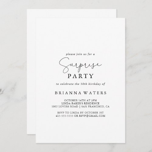 Elegant Simple Calligraphy Surprise Party  Invitation