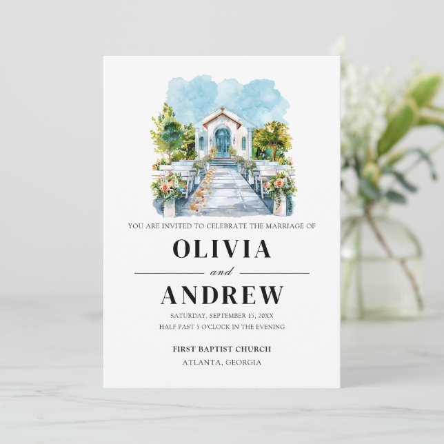 Elegant Simple Catholic Chapel Venue Wedding Invitation (Standing Front)