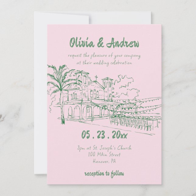 Elegant Simple Catholic Hand Drawn Church Wedding Invitation (Front)