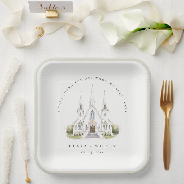 Elegant Simple Catholic Watercolor Church Wedding Paper Plates (Wedding)