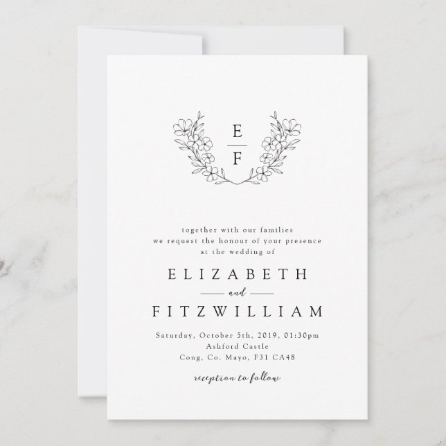 Elegant Simple Cherry Blossom Monogram Wreath Invitation (Front)