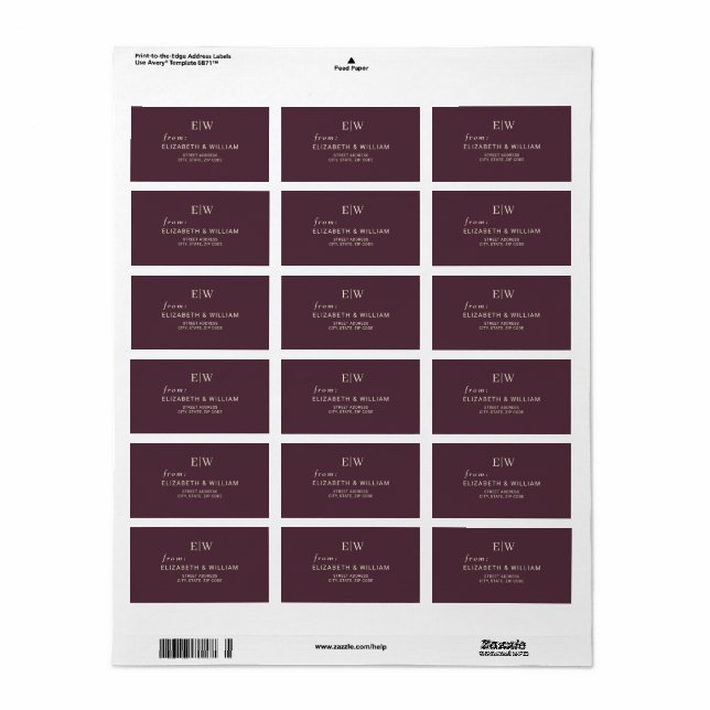 Elegant Simple Cherry Lacquer, Monogram Wedding Label (Full Sheet)