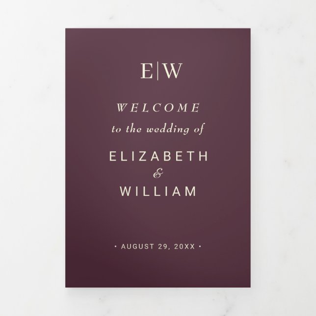 Elegant Simple Cherry Lacquer, Monogram Wedding Tri-Fold Program (Cover)
