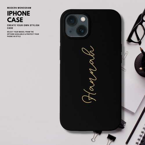 Elegant Simple Chic Black and Gold Script Monogram iPhone 13 Case