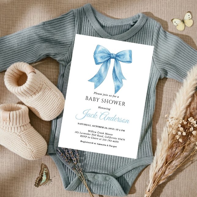 Elegant Simple Chic Blue Bow Boy Baby Shower  Invitation (Creator Uploaded)