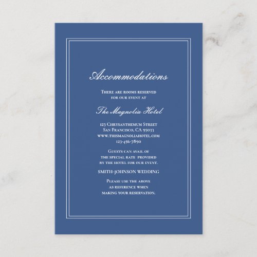 Elegant Simple Classic Blue Wedding Accommodation Enclosure Card