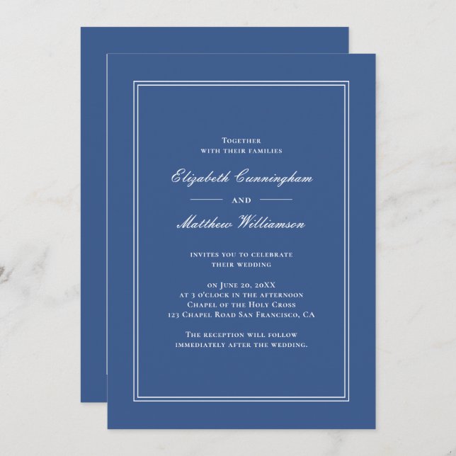 Elegant Simple Classic Blue Wedding Invitation (Front/Back)