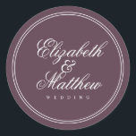 Elegant Simple Classic Cassis Wedding Classic Round Sticker<br><div class="desc">Composed of simple straight lined frames with classic cursive script and serif typography in Cassis and white. These elements are simple,  timeless,  and classic.. 

This is designed by White Paper Birch Co. exclusive for Zazzle.

Available here:
http://www.zazzle.com/store/whitepaperbirch</div>