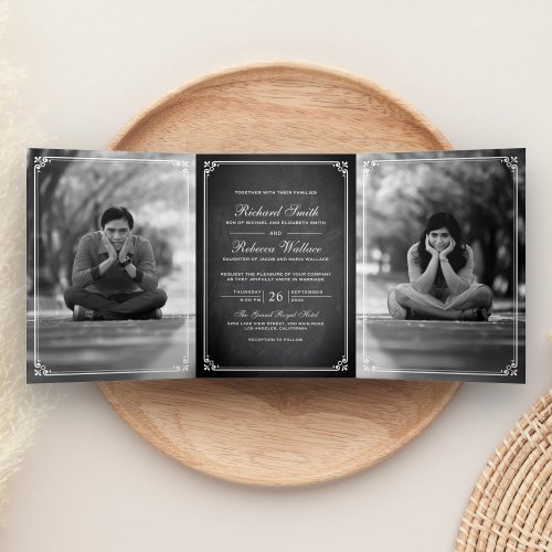 Elegant Simple Classic Chalkboard Photo Wedding Tri_Fold Invitation