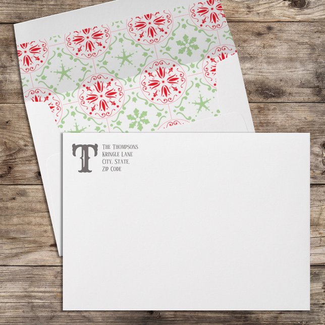 Elegant Simple Classic Holiday Christmas Envelope (Simple white red and green snowflakes envelope with monogram and return address label. )