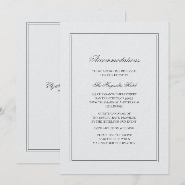 Elegant Simple Classic White Wedding Accommodation Invitation (Front/Back)