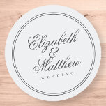 Elegant Simple Classic White Wedding Round Sticker<br><div class="desc">Composed of simple straight lined frames with classic cursive script and serif typography.  These elements are simple,  timeless,  and classic.. 

This is designed by White Paper Birch Co. exclusive for Zazzle.

Available here:
http://www.zazzle.com/store/whitepaperbirch</div>