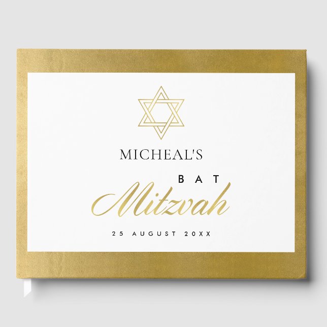 ELEGANT SIMPLE CLEAN FAUX GOLD BAR BAT MITZVAH GUEST BOOK (Front)