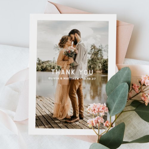 Elegant simple clean typography photo wedding thank you card