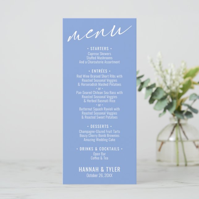 Elegant Simple Contemporary Typography Periwinkle Menu (Standing Front)