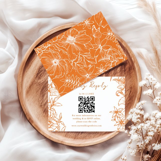 Elegant Simple Copper Floral QR Code Wedding RSVP Card (Creator Uploaded)