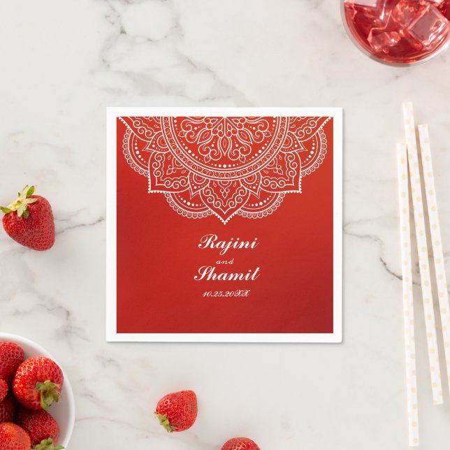 Elegant simple Crimson and White Mandala Paisley Napkins (Insitu)