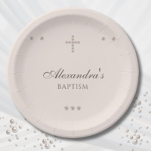Elegant Simple Cross Christening Christian Baptism Paper Plates