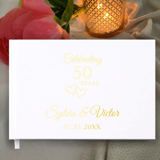 Elegant Simple Custom 50th Anniversary Party Gold Foil Guest Book (Add couple’s names for gold foil simple elegant custom guest book for 50th wedding anniversary party)