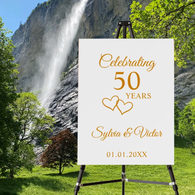 Elegant Simple Custom Gold 50th Anniversary Party Foam Board (Add couple’s names and 50th anniversary date for a simple elegant party sign. Custom golden script.
)