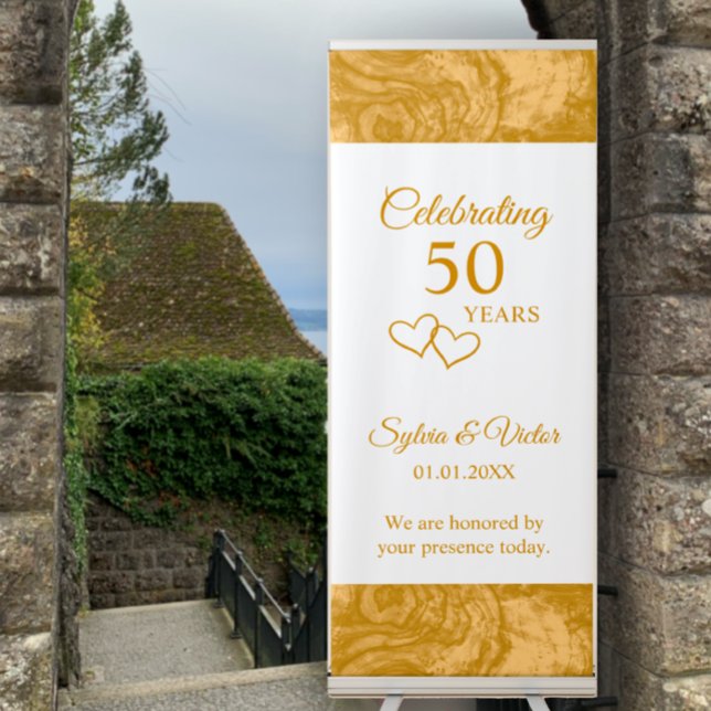 Elegant Simple Custom Gold 50th Anniversary Party Retractable Banner (Add couple’s names to this template for an elegant golden 50th wedding anniversary party banner sign)