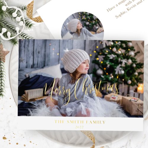 Elegant Simple Custom Photo Merry Christmas Real Foil Holiday Card