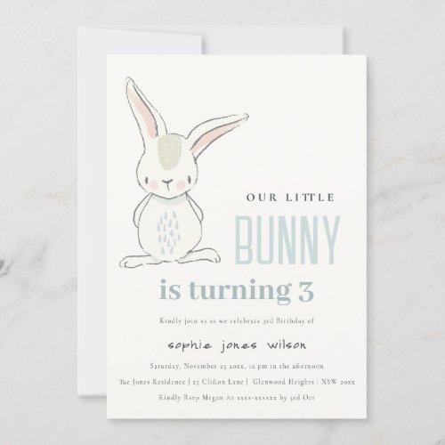Elegant Simple Cute Blue Bunny Boys Kids Birthday Invitation