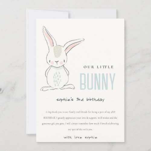 Elegant Simple Cute Blue Bunny Boys Kids Birthday Thank You Card