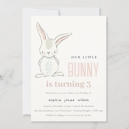 Elegant Simple Cute Blush Pink Bunny Kids Birthday Invitation