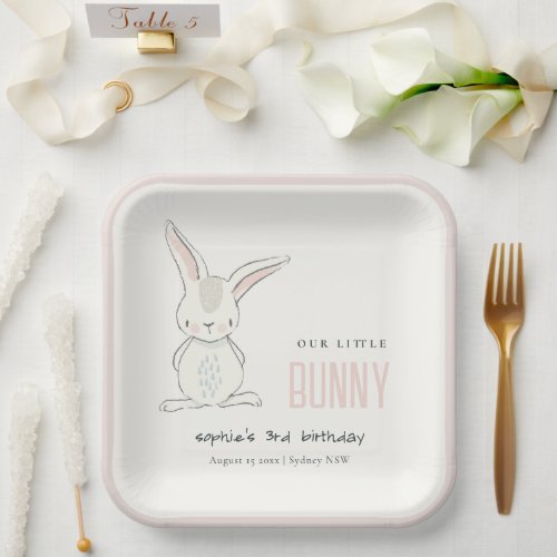 Elegant Simple Cute Bunny Pink Blush Kids Birthday Paper Plates