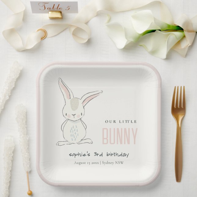 Elegant Simple Cute Bunny Pink Blush Kids Birthday Paper Plates (Wedding)