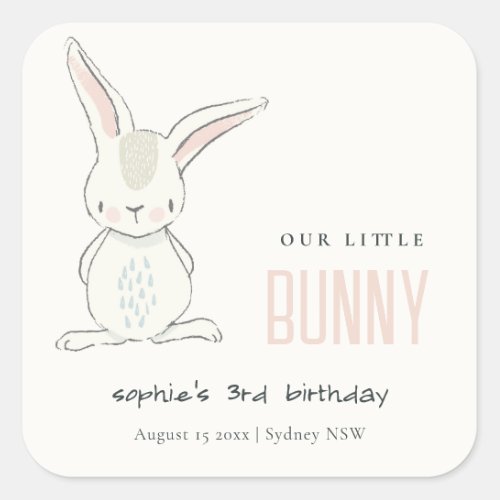 Elegant Simple Cute Bunny Pink Blush Kids Birthday Square Sticker