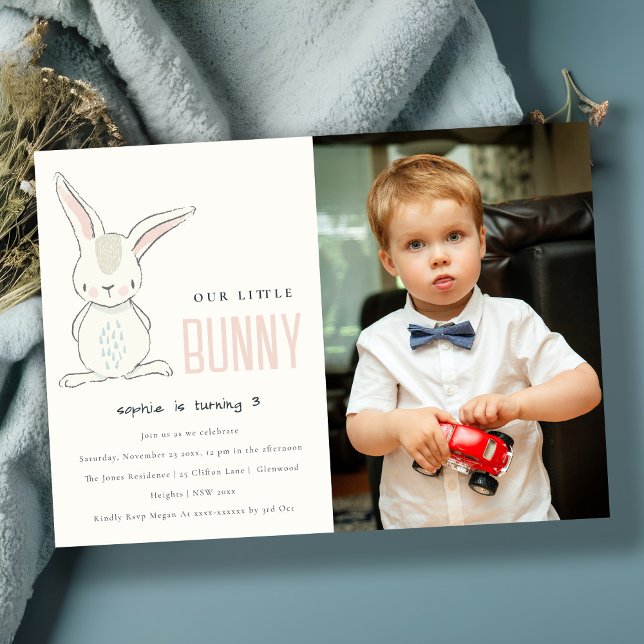 Elegant Simple Cute Bunny Pink Photo Kids Birthday Invitation (Creator Uploaded)