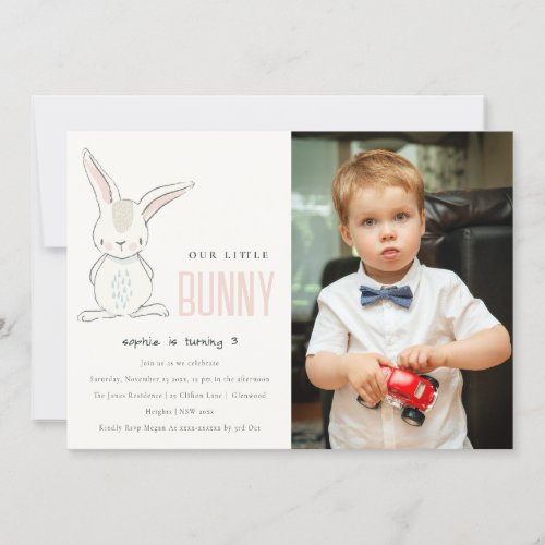 Elegant Simple Cute Bunny Pink Photo Kids Birthday Invitation