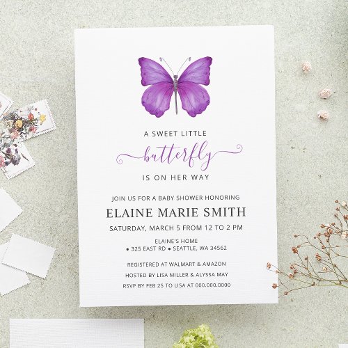 Elegant Simple Cute Purple Butterfly Baby Shower  Invitation